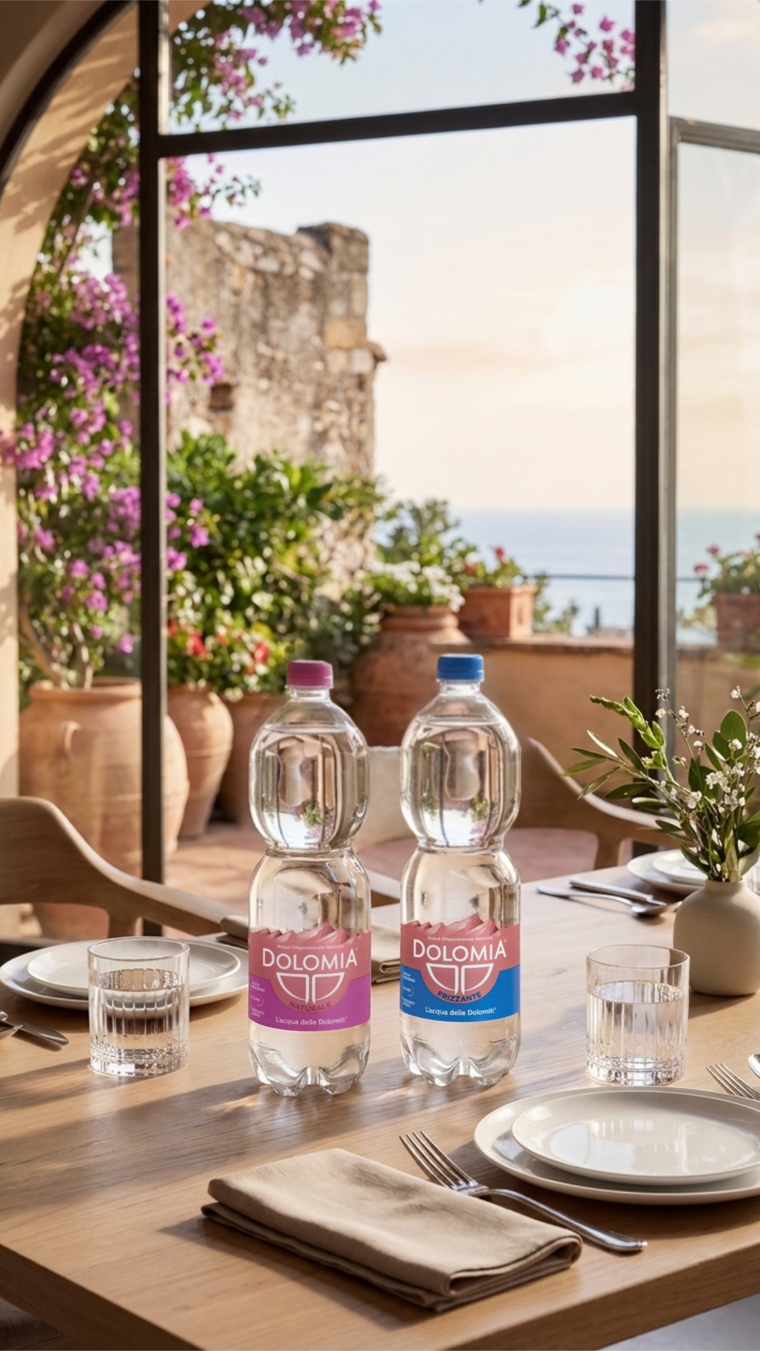 Bottiglie di acqua Dolomia Premium sul tavolo